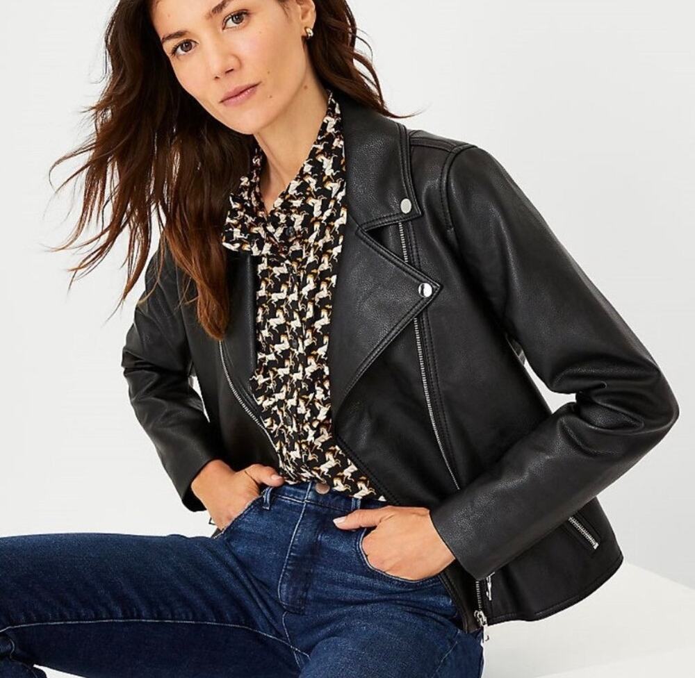 ANN TAYLOR Black Faux Leather Pebbled Moto Jacket | 4